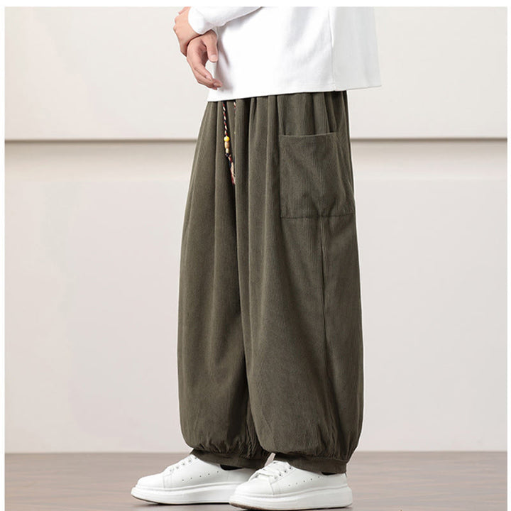 Pantalones harén de pana con cordón y bolsillos de color liso para hombre con Buddha Stones - image 4