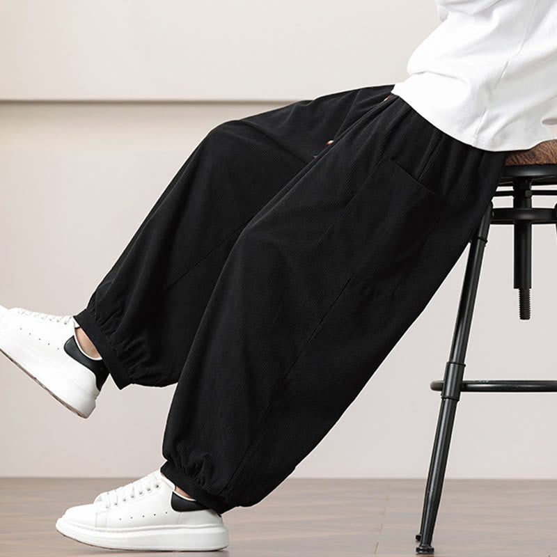 Pantalones harén de pana con cordón y bolsillos de color liso para hombre con Buddha Stones - image 17