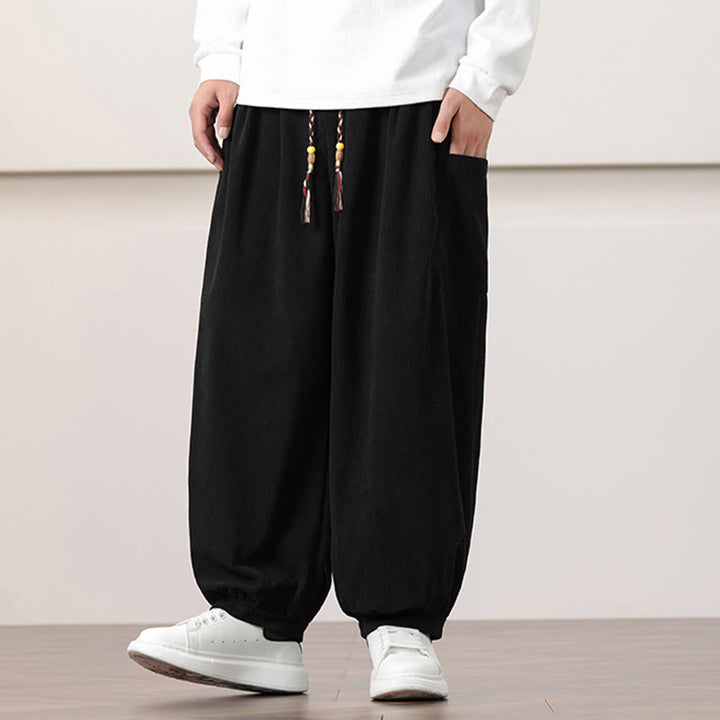 Pantalones harén de pana con cordón y bolsillos de color liso para hombre con Buddha Stones - image 12