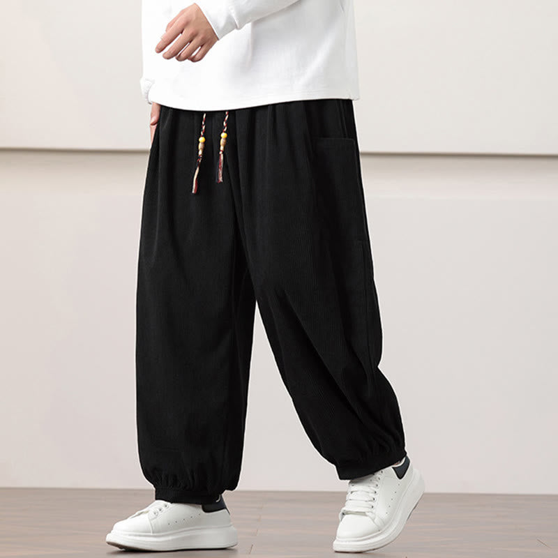 Pantalones harén de pana con cordón y bolsillos de color liso para hombre con Buddha Stones - Negro - US/UK/AU46, EU56 (5XL) - image 9