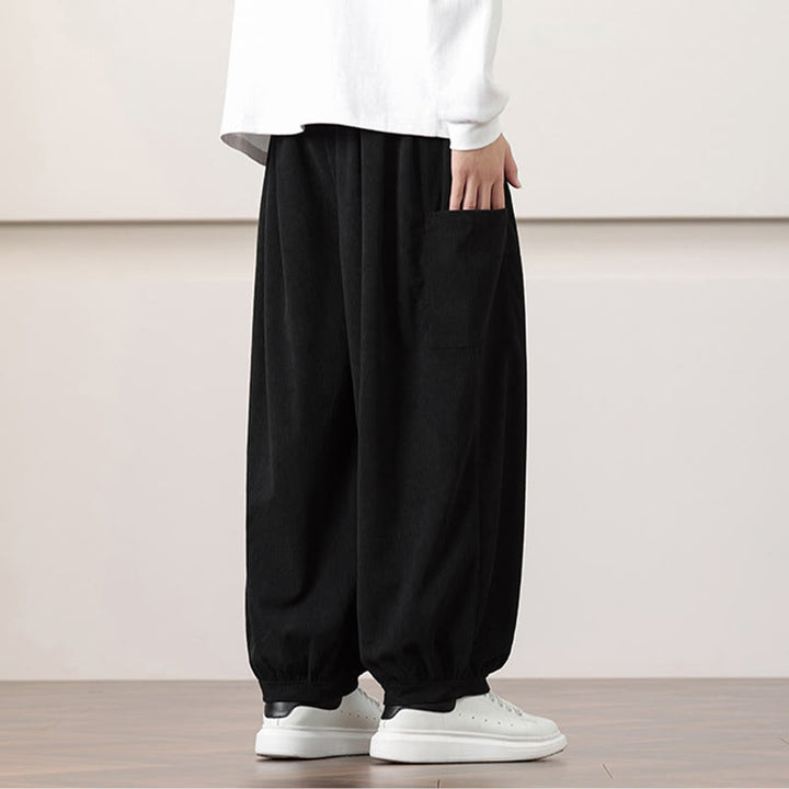 Pantalones harén de pana con cordón y bolsillos de color liso para hombre con Buddha Stones - image 15