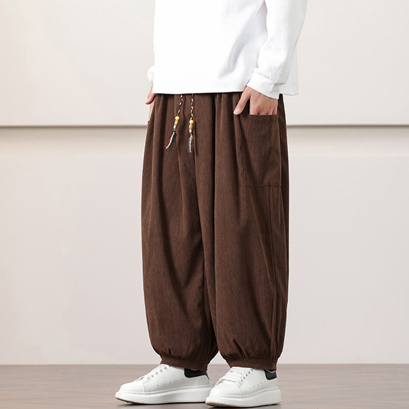 Pantalones harén de pana con cordón y bolsillos de color liso para hombre con Buddha Stones - image 38