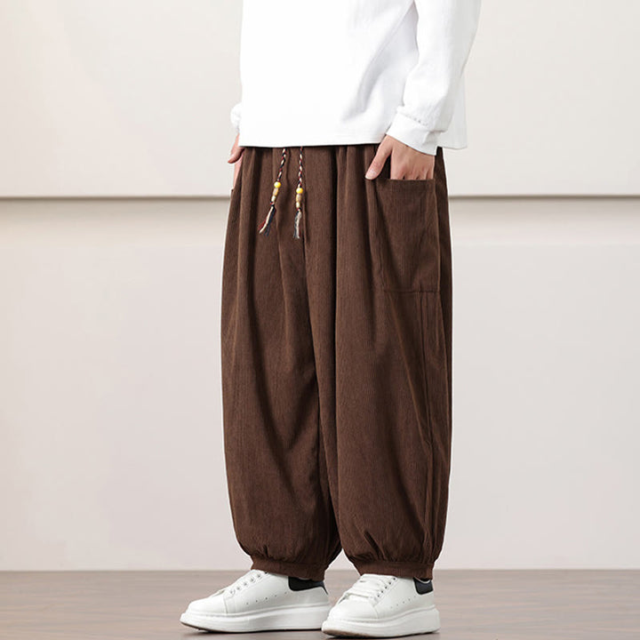 Pantalones harén de pana con cordón y bolsillos de color liso para hombre con Buddha Stones - image 38