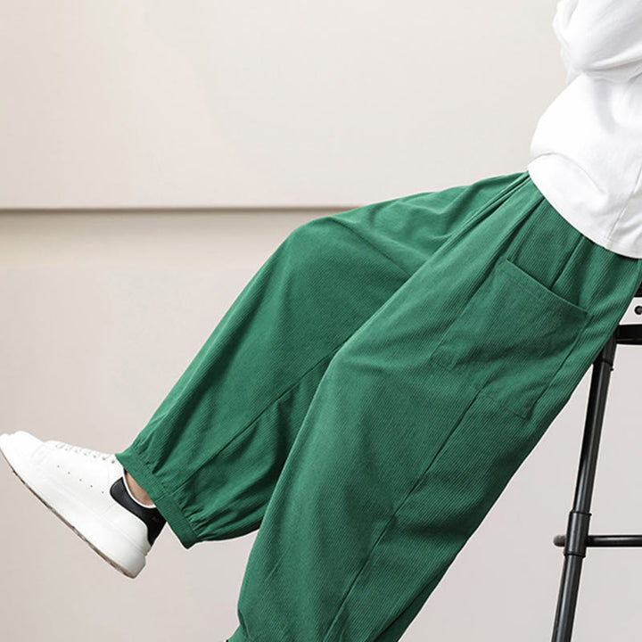 Pantalones harén de pana con cordón y bolsillos de color liso para hombre con Buddha Stones - image 35