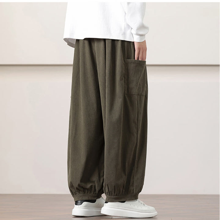Pantalones harén de pana con cordón y bolsillos de color liso para hombre con Buddha Stones - image 6