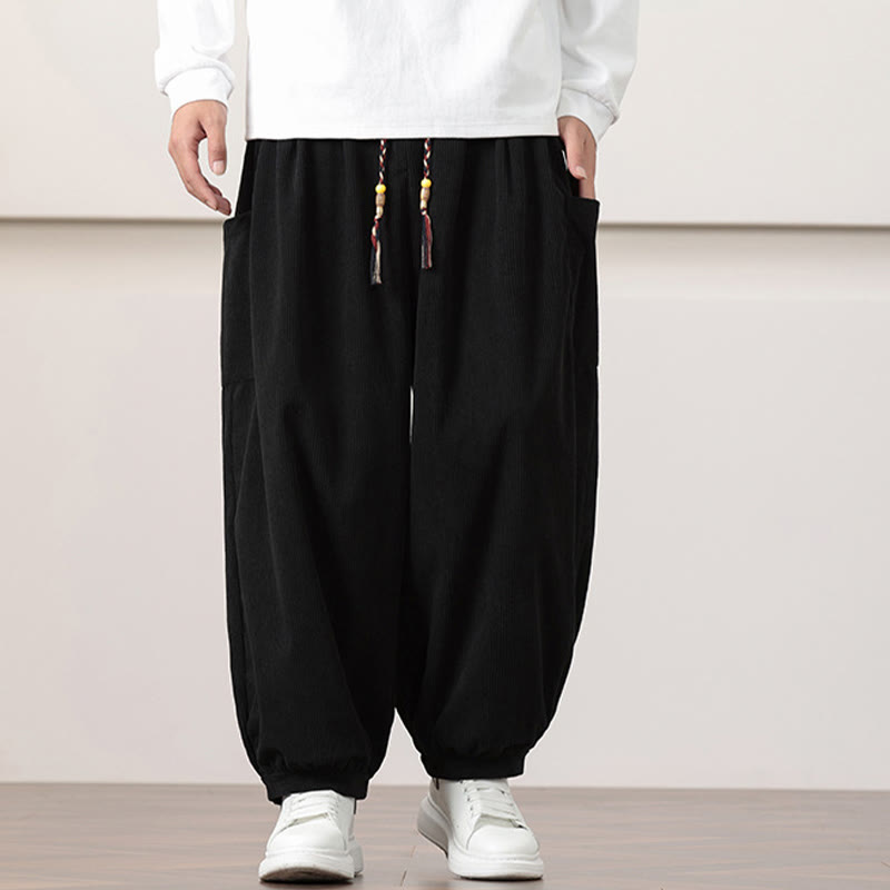 Pantalones harén de pana con cordón y bolsillos de color liso para hombre con Buddha Stones - image 11