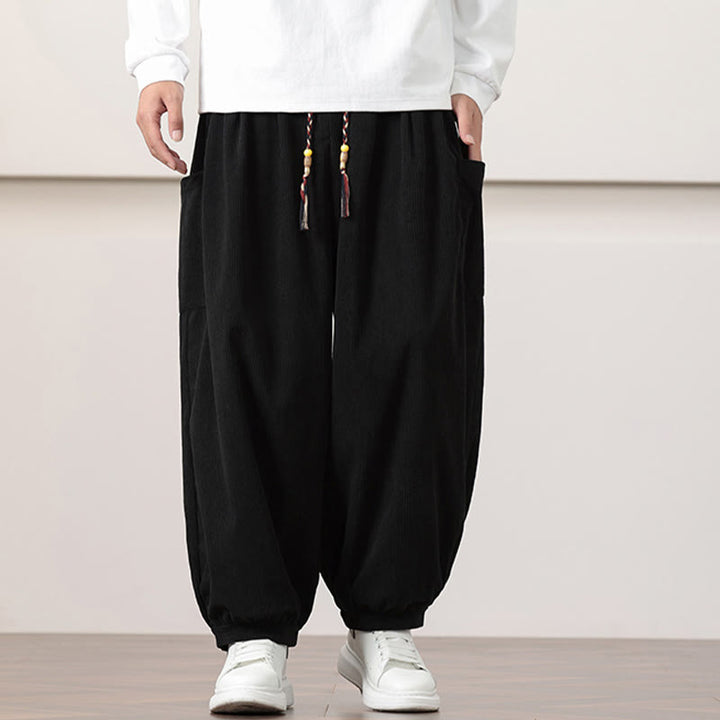 Pantalones harén de pana con cordón y bolsillos de color liso para hombre con Buddha Stones - image 11
