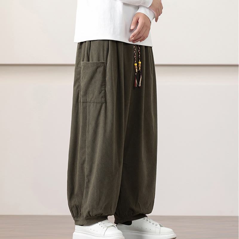 Pantalones harén de pana con cordón y bolsillos de color liso para hombre con Buddha Stones - image 3