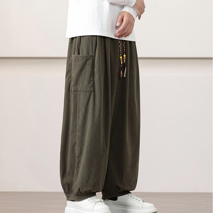 Pantalones harén de pana con cordón y bolsillos de color liso para hombre con Buddha Stones - image 3