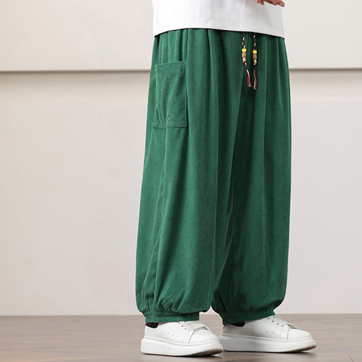 Pantalones harén de pana con cordón y bolsillos de color liso para hombre con Buddha Stones - image 33