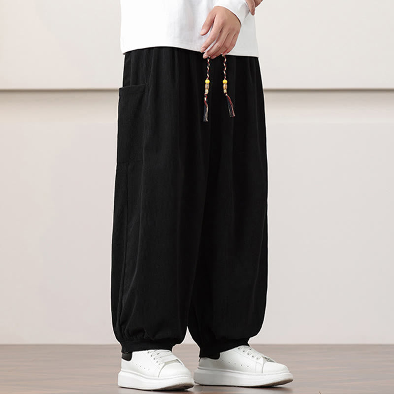 Pantalones harén de pana con cordón y bolsillos de color liso para hombre con Buddha Stones - image 12