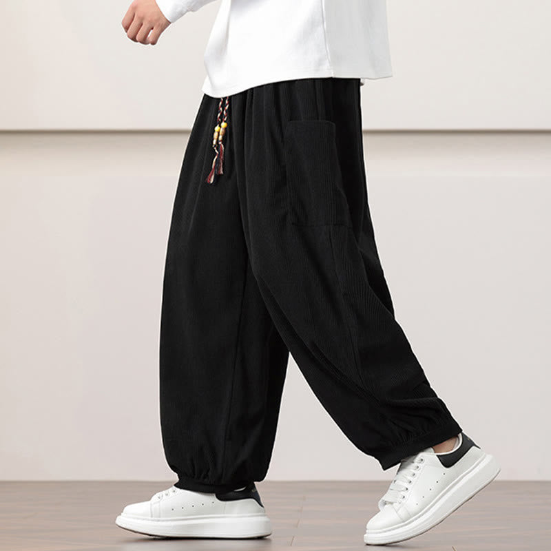 Pantalones harén de pana con cordón y bolsillos de color liso para hombre con Buddha Stones - image 14