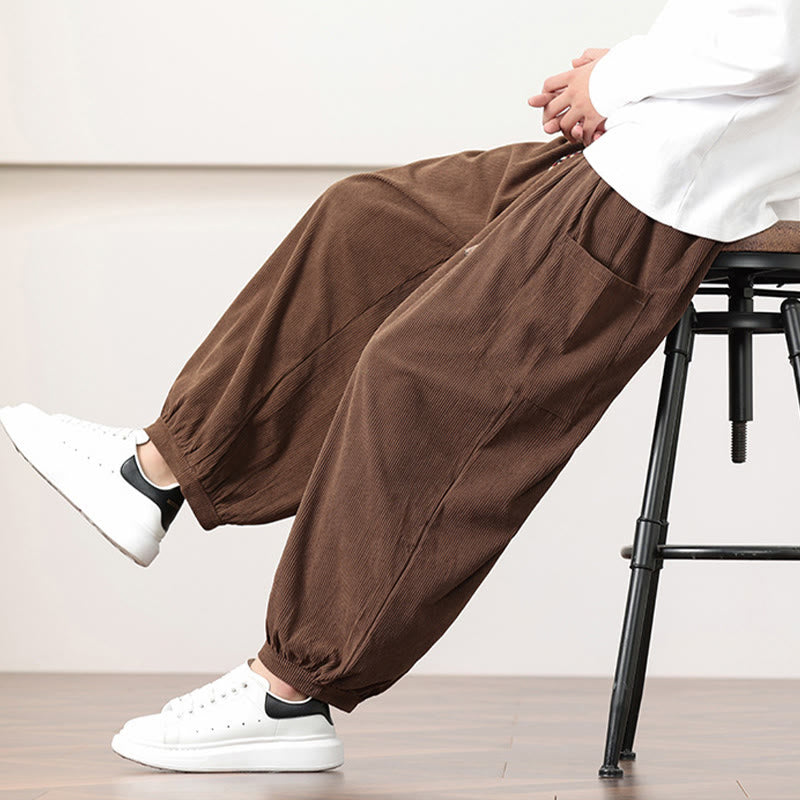 Pantalones harén de pana con cordón y bolsillos de color liso para hombre con Buddha Stones - image 44