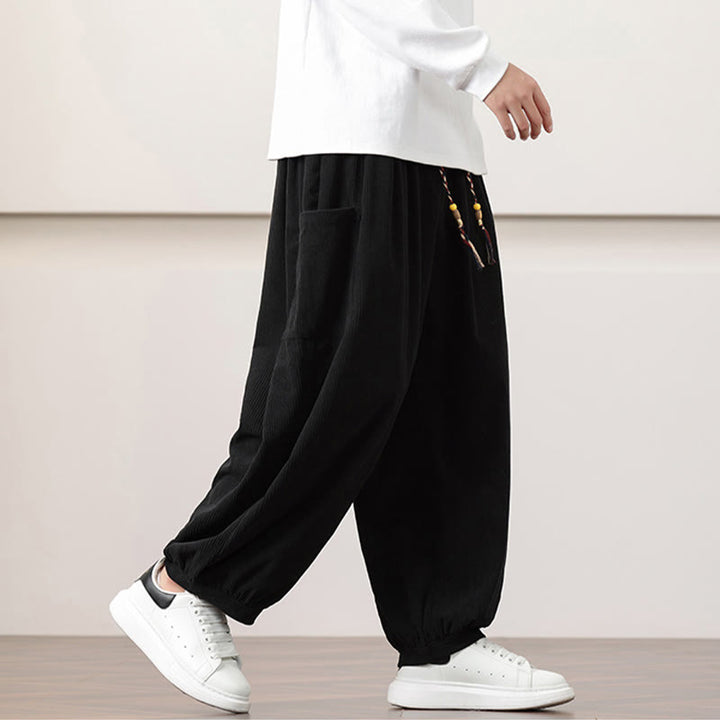 Pantalones harén de pana con cordón y bolsillos de color liso para hombre con Buddha Stones - image 15