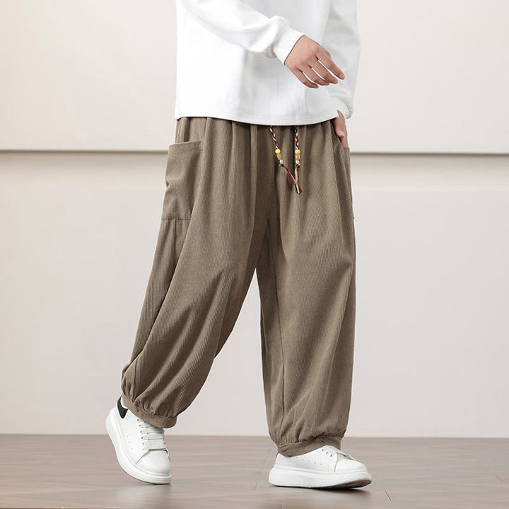 Pantalones harén de pana con cordón y bolsillos de color liso para hombre con Buddha Stones - image 25