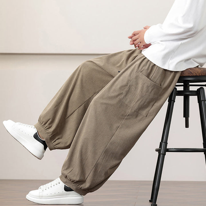 Pantalones harén de pana con cordón y bolsillos de color liso para hombre con Buddha Stones - image 27