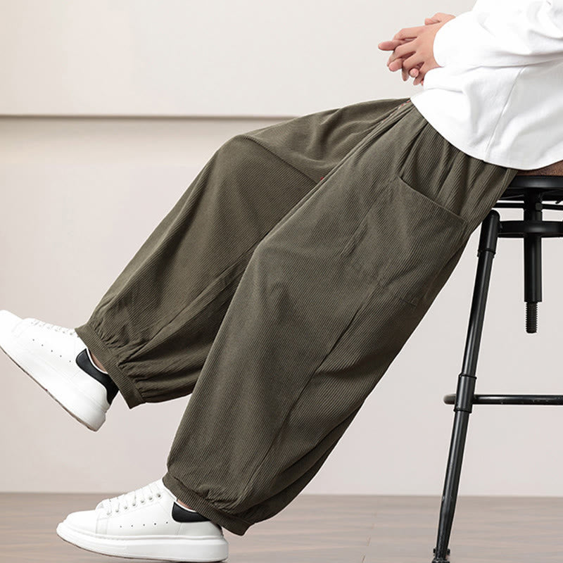 Pantalones harén de pana con cordón y bolsillos de color liso para hombre con Buddha Stones - image 9
