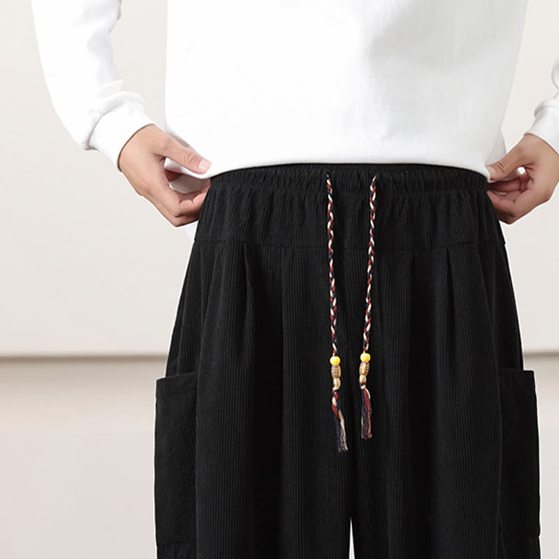 Pantalones harén de pana con cordón y bolsillos de color liso para hombre con Buddha Stones - image 17