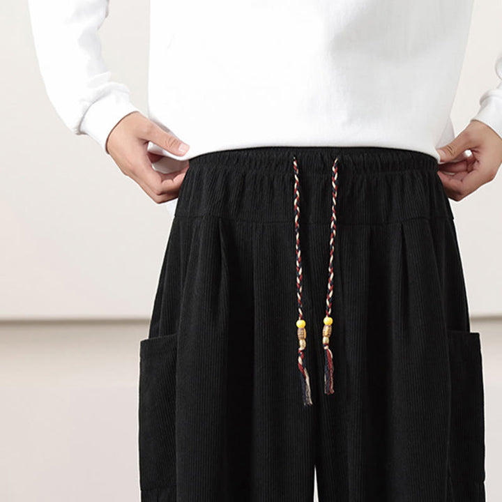Pantalones harén de pana con cordón y bolsillos de color liso para hombre con Buddha Stones - image 17