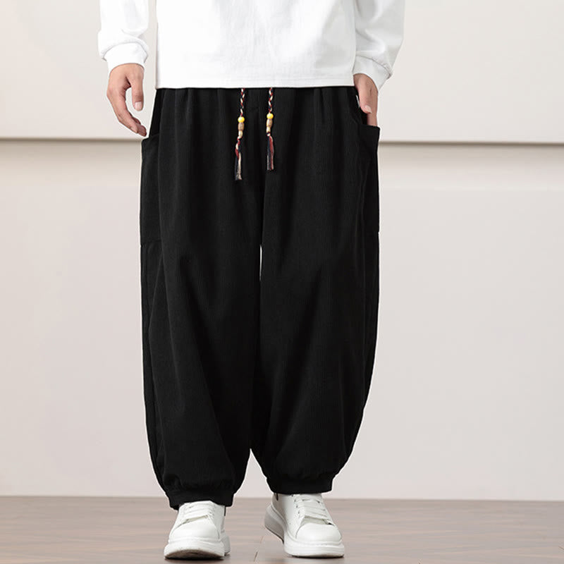 Pantalones harén de pana con cordón y bolsillos de color liso para hombre con Buddha Stones - image 10