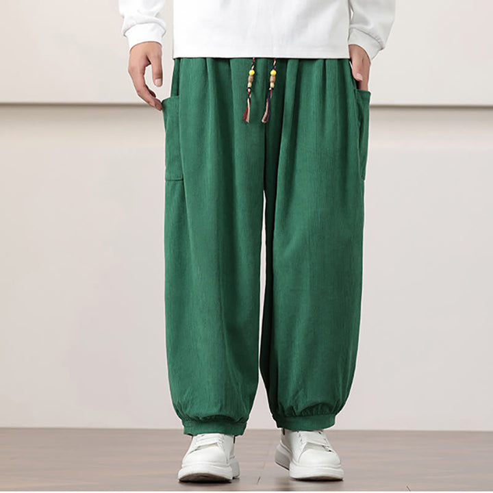 Pantalones harén de pana con cordón y bolsillos de color liso para hombre con Buddha Stones - image 29