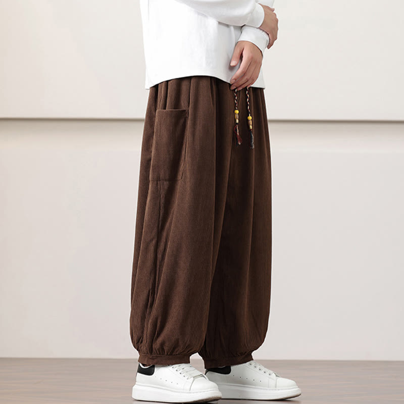 Pantalones harén de pana con cordón y bolsillos de color liso para hombre con Buddha Stones - image 38