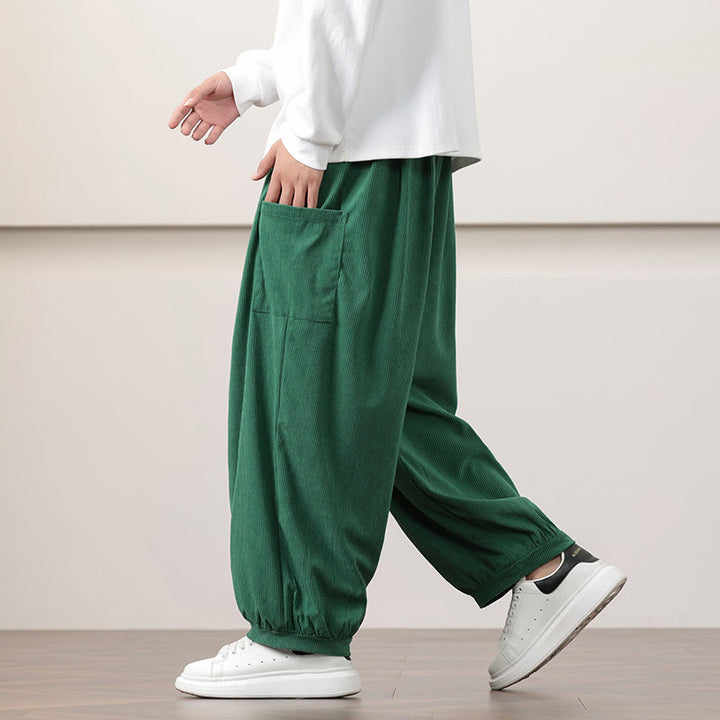 Pantalones harén de pana con cordón y bolsillos de color liso para hombre con Buddha Stones - image 34
