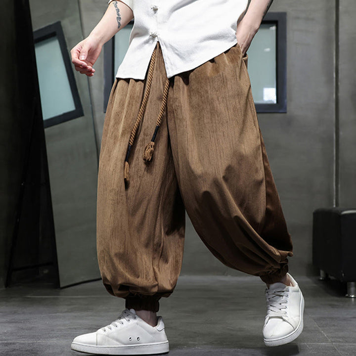 Pantalones harén térmicos de pana con cordón y bolsillos de color liso con Buddha Stones para hombre - image 10