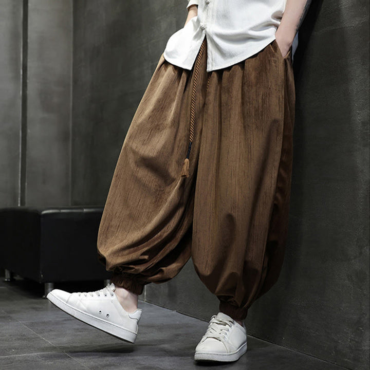 Pantalones harén térmicos de pana con cordón y bolsillos de color liso con Buddha Stones para hombre - image 3