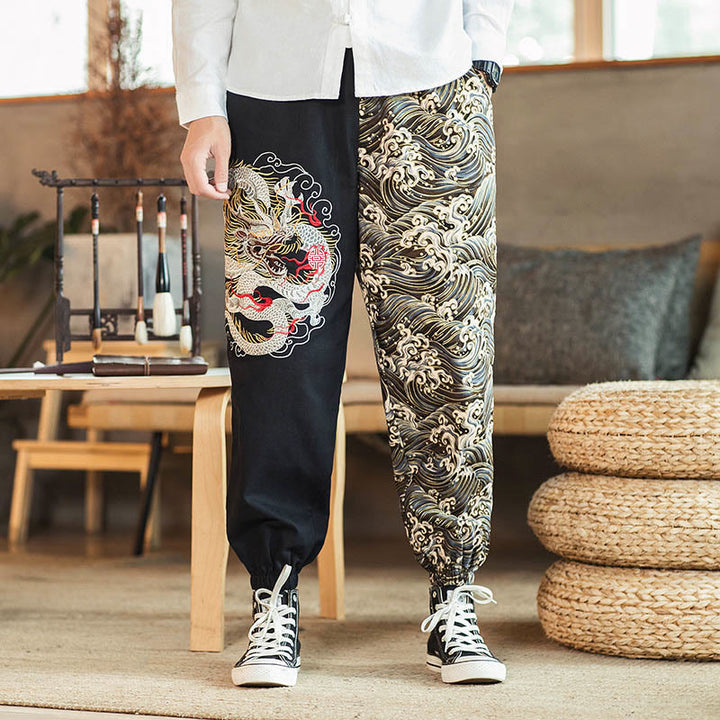 Pantalones de hombre de dos tonos con estampado de dragón y Buddha Stones y bolsillos