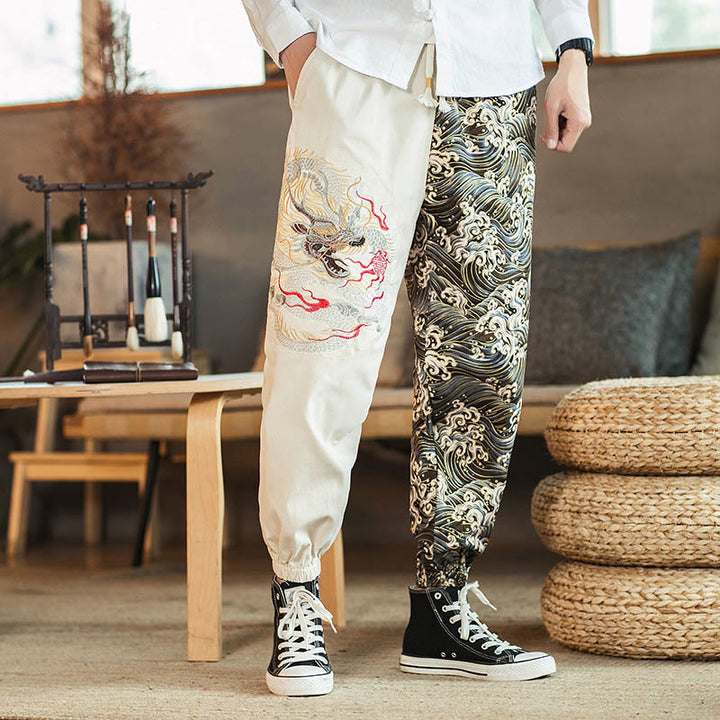 Pantalones de hombre de dos tonos con estampado de dragón y Buddha Stones y bolsillos