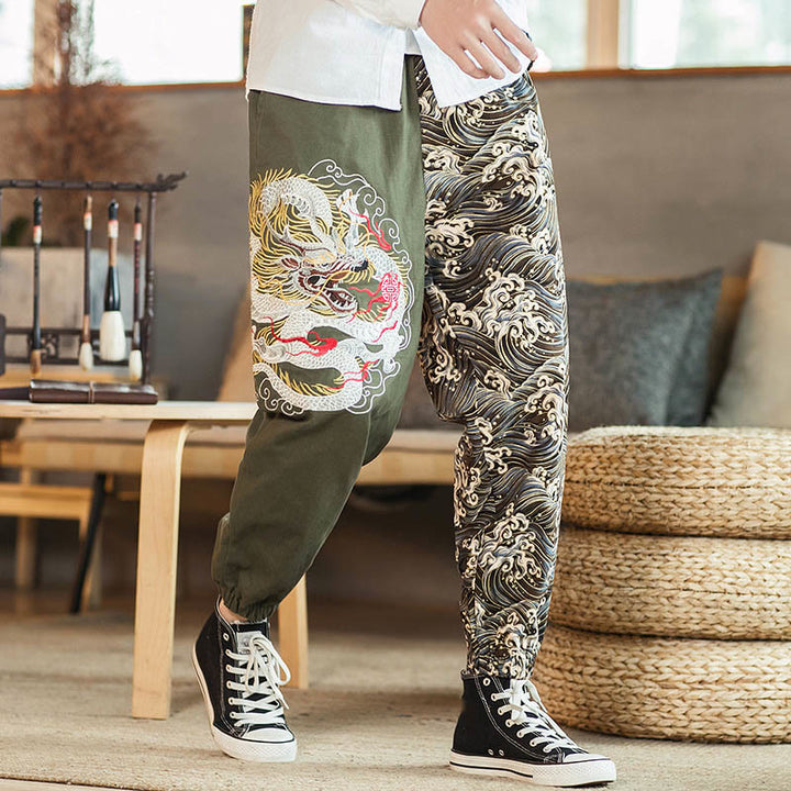 Pantalones de hombre de dos tonos con estampado de dragón y Buddha Stones y bolsillos