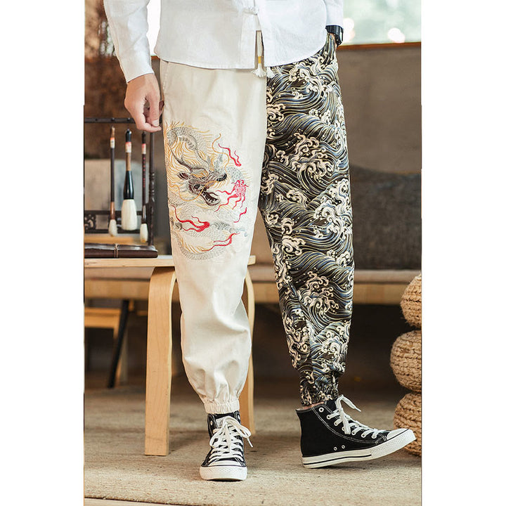Pantalones de hombre de dos tonos con estampado de dragón y Buddha Stones y bolsillos