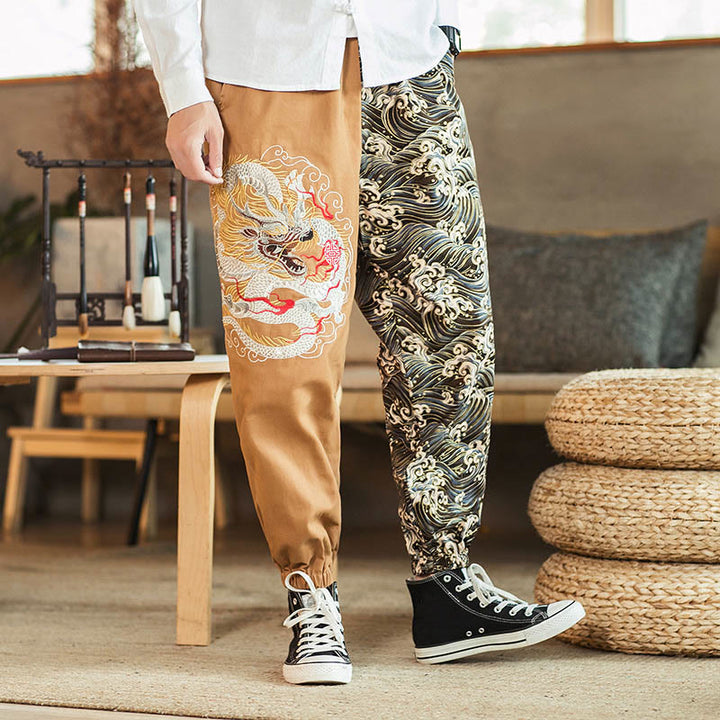 Pantalones de hombre de dos tonos con estampado de dragón y Buddha Stones y bolsillos