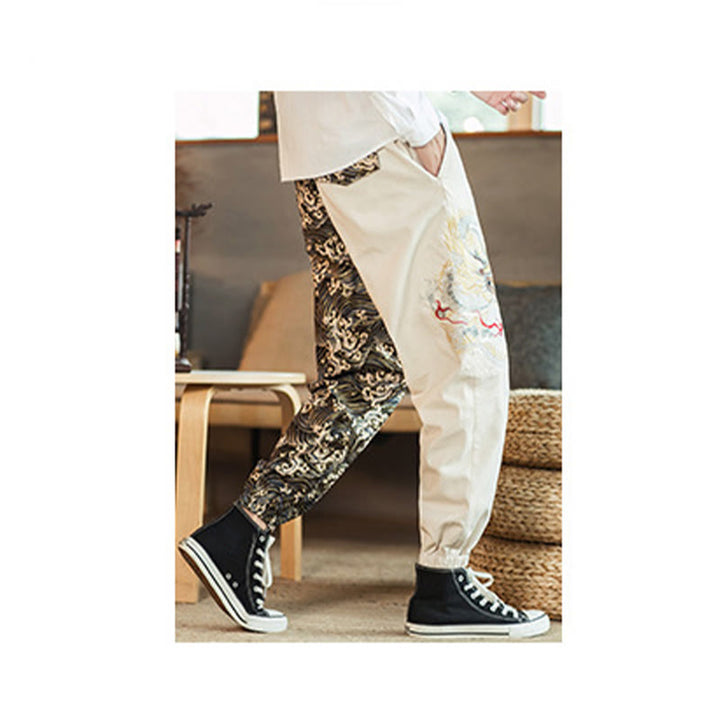 Pantalones de hombre de dos tonos con estampado de dragón y Buddha Stones y bolsillos