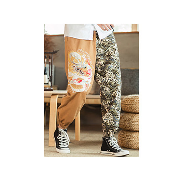 Pantalones de hombre de dos tonos con estampado de dragón y Buddha Stones y bolsillos