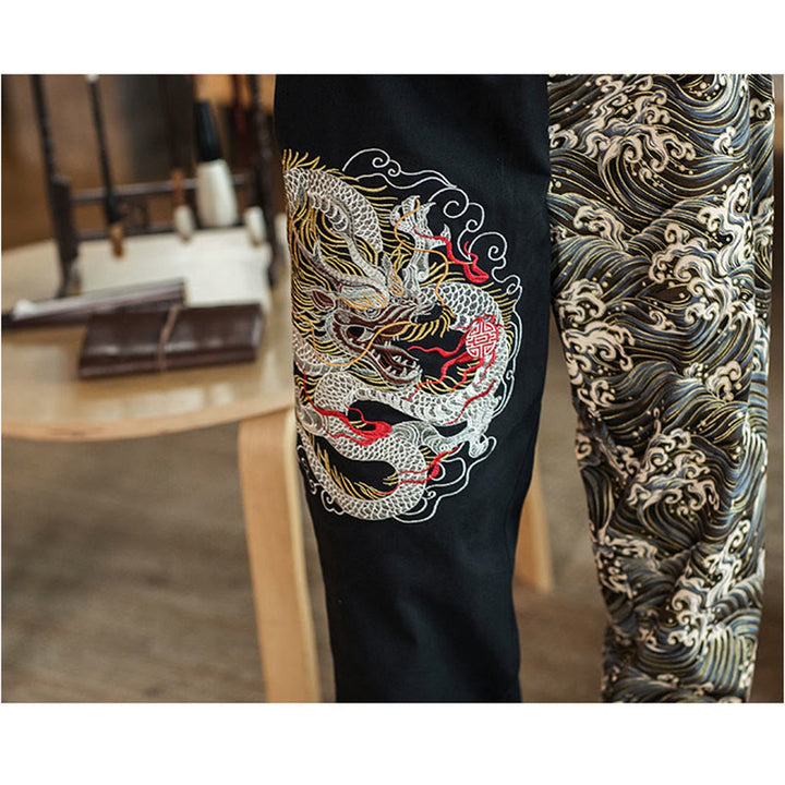 Pantalones de hombre de dos tonos con estampado de dragón y Buddha Stones y bolsillos