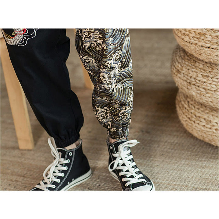 Pantalones de hombre de dos tonos con estampado de dragón y Buddha Stones y bolsillos
