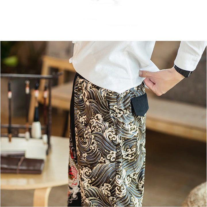 Pantalones de hombre de dos tonos con estampado de dragón y Buddha Stones y bolsillos