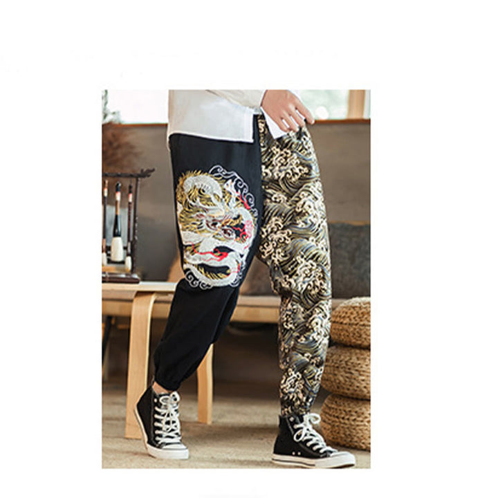 Pantalones de hombre de dos tonos con estampado de dragón y Buddha Stones y bolsillos