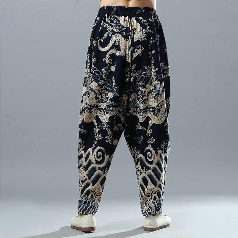 Pantalones de lino y algodón étnicos con cintura elástica y estampado de dragón chino y Buddha Stones para hombre con bolsillos - image 2