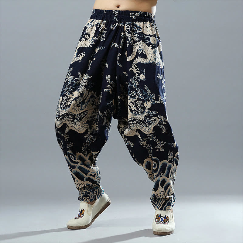 Pantalones de lino y algodón étnicos con cintura elástica y estampado de dragón chino y Buddha Stones para hombre con bolsillos - image 1