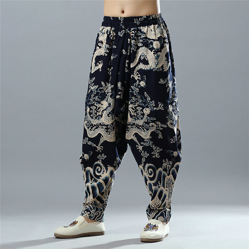 Pantalones de lino y algodón étnicos con cintura elástica y estampado de dragón chino y Buddha Stones para hombre con bolsillos - Azul medianoche - US/UK/AU38, EU48 (XL) - image 0