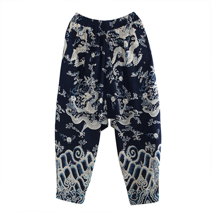 Pantalones de lino y algodón étnicos con cintura elástica y estampado de dragón chino y Buddha Stones para hombre con bolsillos - image 6