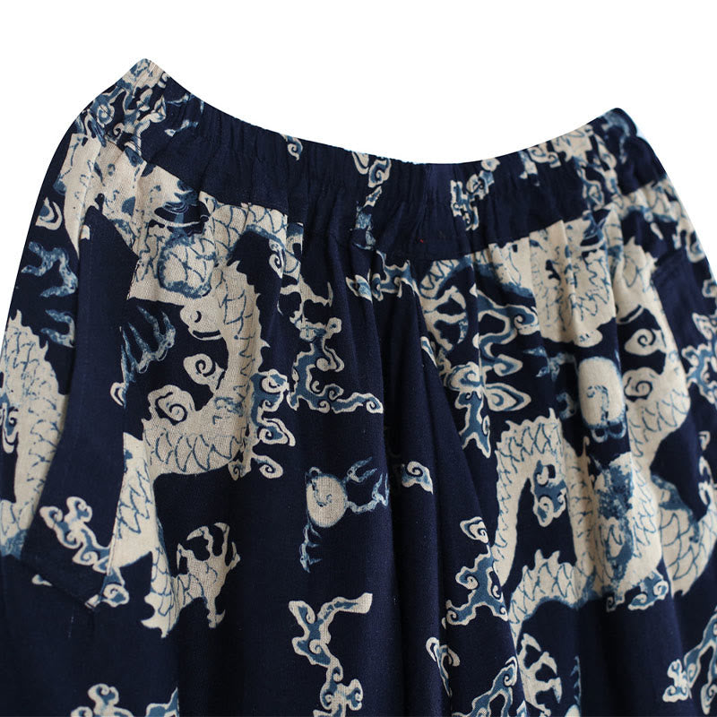 Pantalones de lino y algodón étnicos con cintura elástica y estampado de dragón chino y Buddha Stones para hombre con bolsillos - image 7