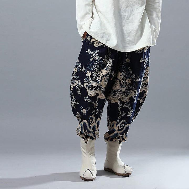 Pantalones de lino y algodón étnicos con cintura elástica y estampado de dragón chino y Buddha Stones para hombre con bolsillos - image 5