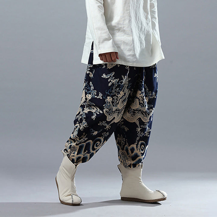 Pantalones de lino y algodón étnicos con cintura elástica y estampado de dragón chino y Buddha Stones para hombre con bolsillos - image 4