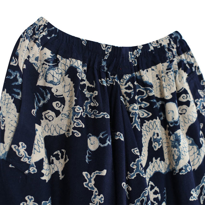 Pantalones de lino y algodón étnicos con cintura elástica y estampado de dragón chino y Buddha Stones para hombre con bolsillos - image 7