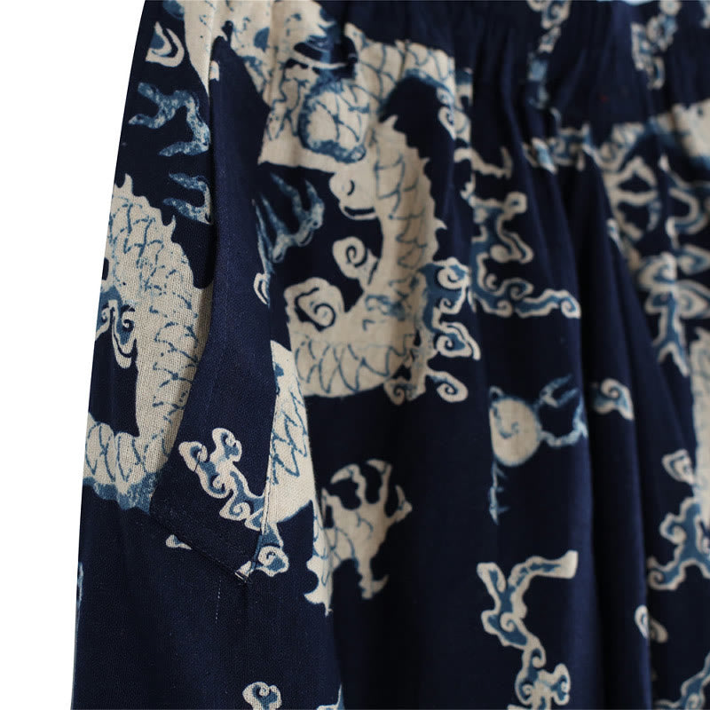 Pantalones de lino y algodón étnicos con cintura elástica y estampado de dragón chino y Buddha Stones para hombre con bolsillos - image 8