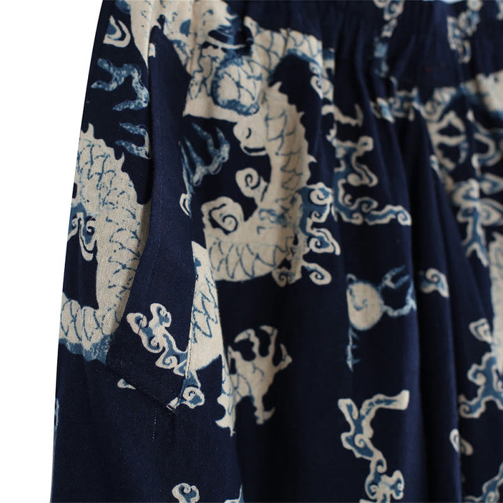 Pantalones de lino y algodón étnicos con cintura elástica y estampado de dragón chino y Buddha Stones para hombre con bolsillos - image 8